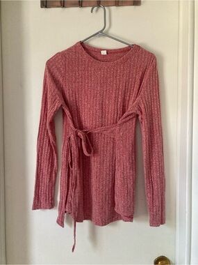 Ribbed Tie-Waist Long Sleeve Top in Dusty Rose